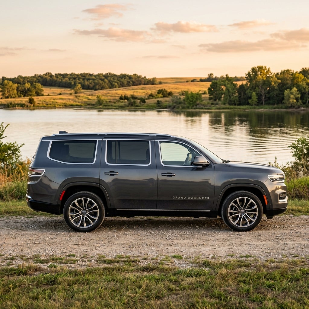 Side profile of a dark grey Grand Wagoneer parked on a gravel path beside a calm lake at sunset. (Representative image for illustration purposes only. Actual vehicle may vary based on trim and configuration.)