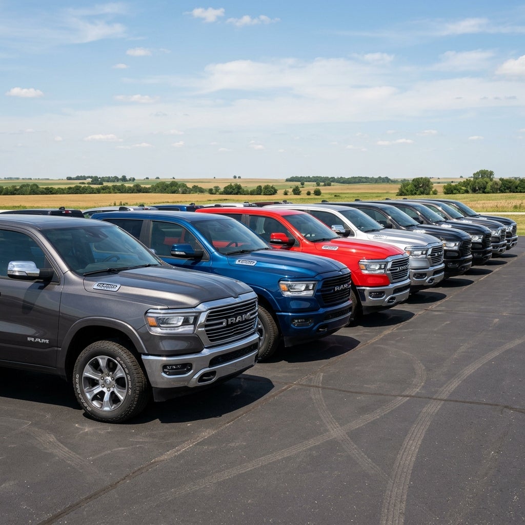 A diagonal lineup of colorful Ram 1500 pickup trucks parked on an asphalt lot under a blue sky. (Representative image for illustration purposes only. Actual vehicle may vary based on trim and configuration.)