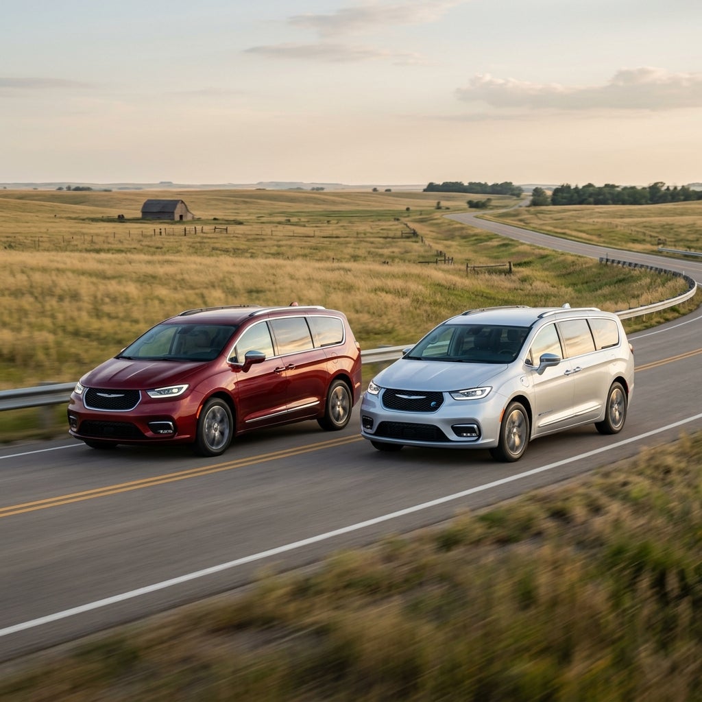 Two Chrysler Pacifica minivans, one red and one silver, driving side-by-side on a scenic rural road. (Representative image for illustration purposes only. Actual vehicle may vary based on trim and configuration.)