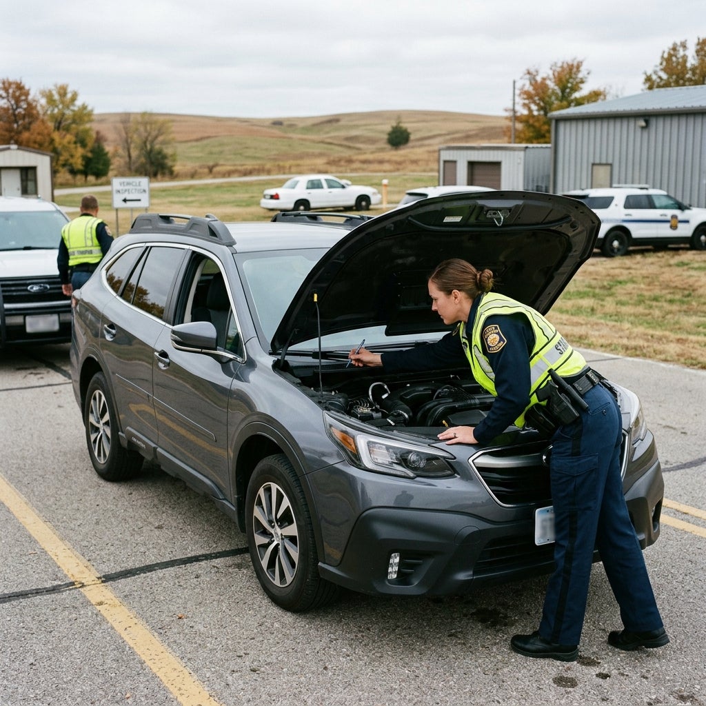 A female state trooper inspects the engine compartment of a grey SUV during a vehicle inspection. (Representative image for illustration purposes only. Actual vehicle may vary based on trim and configuration.)