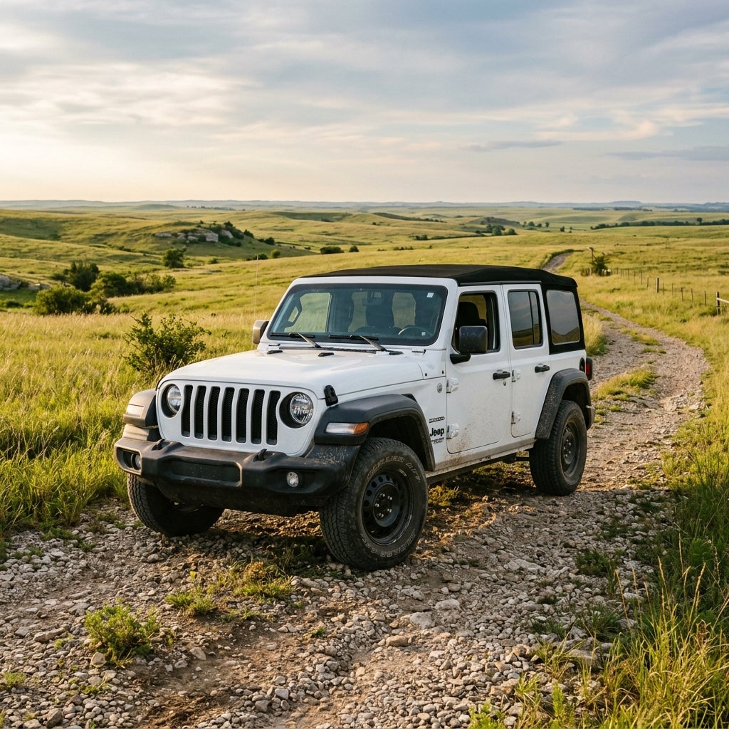 White four-door Jeep Wrangler parked on a rocky dirt path amidst rolling green hills under a soft evening sky. (Representative image for illustration purposes only. Actual vehicle may vary based on trim and configuration.)