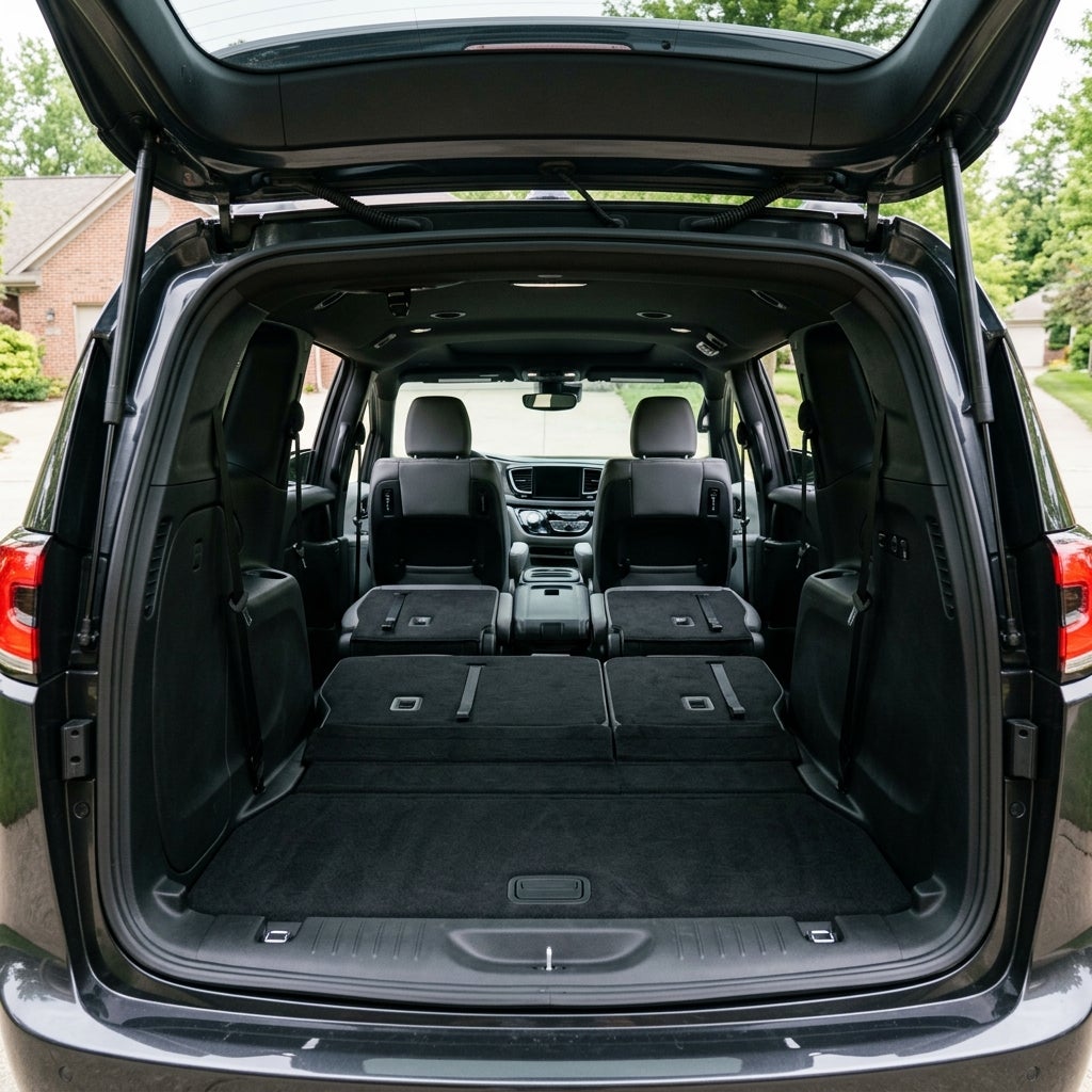 View inside the open trunk of a dark SUV with the second and third-row seats folded flat for maximum cargo space. (Representative image for illustration purposes only. Actual vehicle may vary based on trim and configuration.)