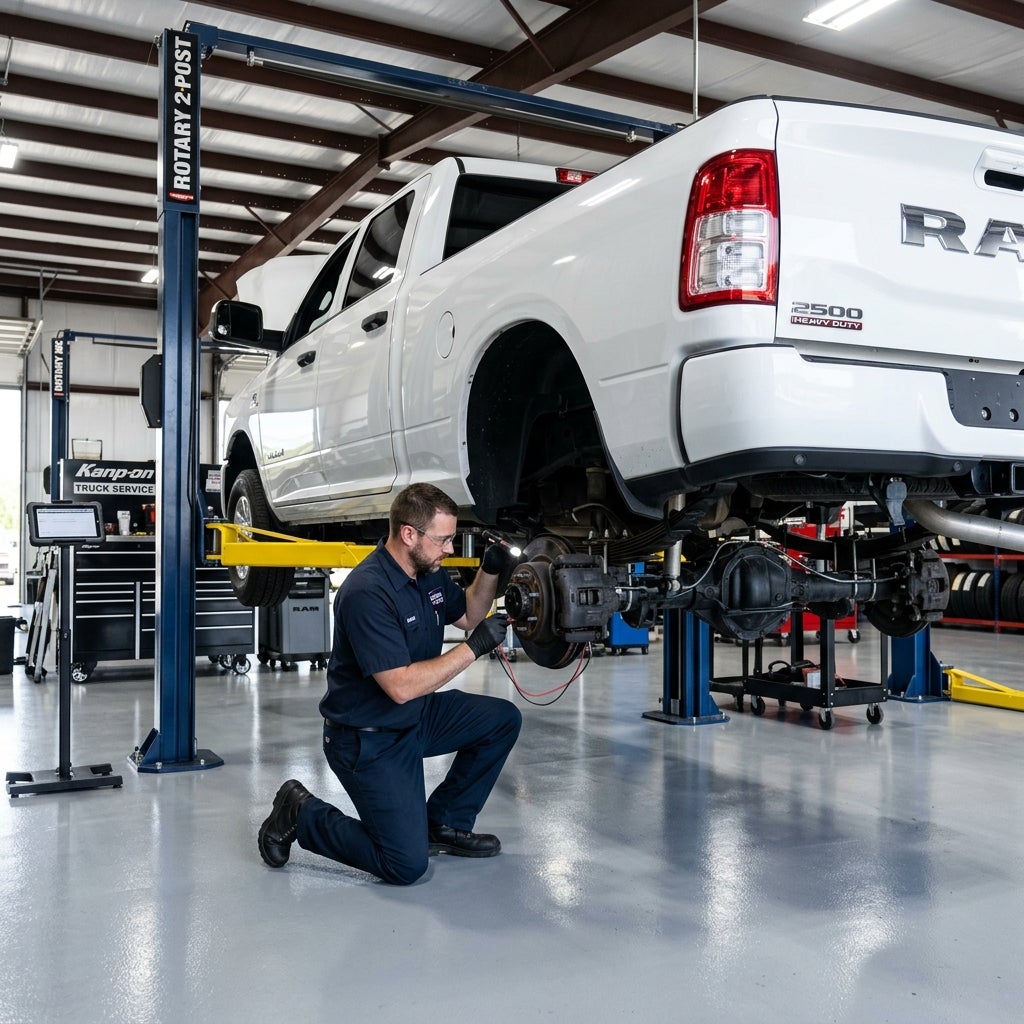 A mechanic inspecting the rear wheel hub assembly of a white Ram 2500 pickup truck on a hydraulic lift. (Representative image for illustration purposes only. Actual vehicle may vary based on trim and configuration.)