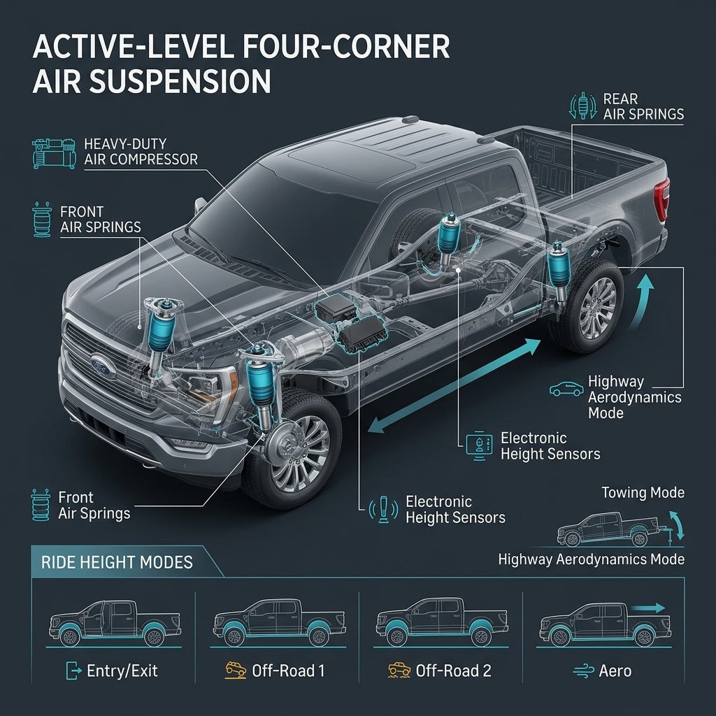 Cutaway diagram of a pickup truck highlighting active-level four-corner air suspension components and ride height modes. (Representative image for illustration purposes only. Actual vehicle may vary based on trim and configuration.)