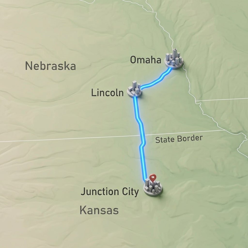 Stylized 3D map showing a glowing blue route from Omaha, Nebraska, through Lincoln to Junction City, Kansas. (Representative image for illustration purposes only. Actual vehicle may vary based on trim and configuration.)