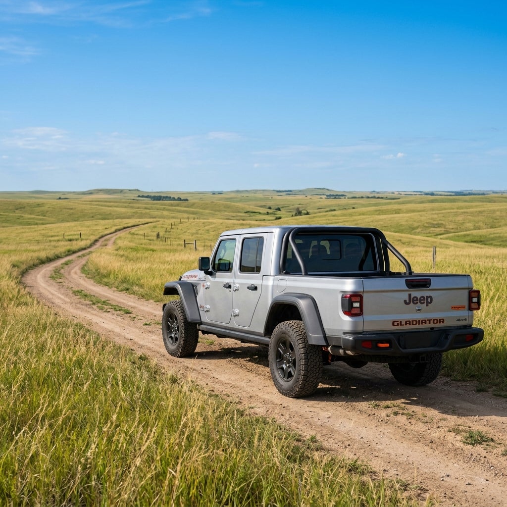 Silver Jeep Gladiator pickup truck on a winding dirt road through grassy rolling plains under a clear blue sky. (Representative image for illustration purposes only. Actual vehicle may vary based on trim and configuration.)