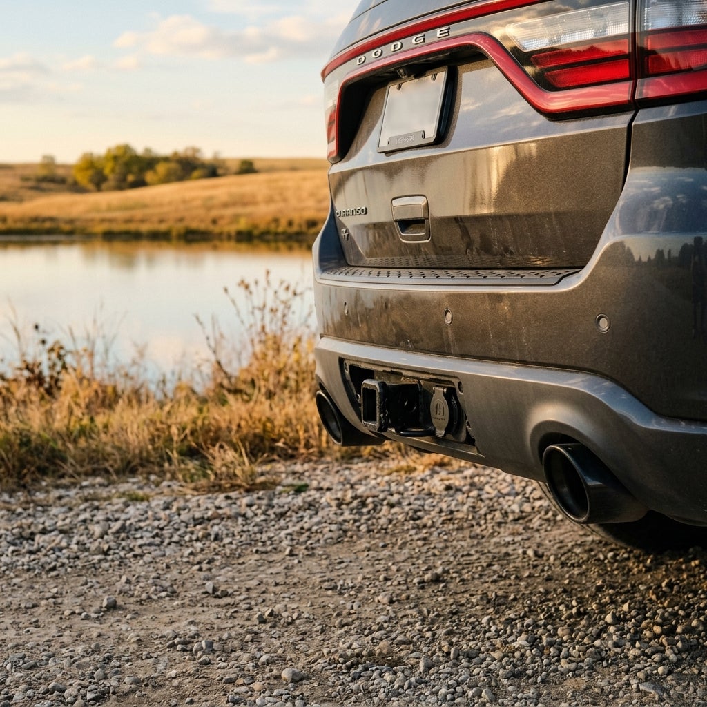 Rear of a dark grey Dodge Durango parked near a calm lake on a gravel path. (Representative image for illustration purposes only. Actual vehicle may vary based on trim and configuration.)