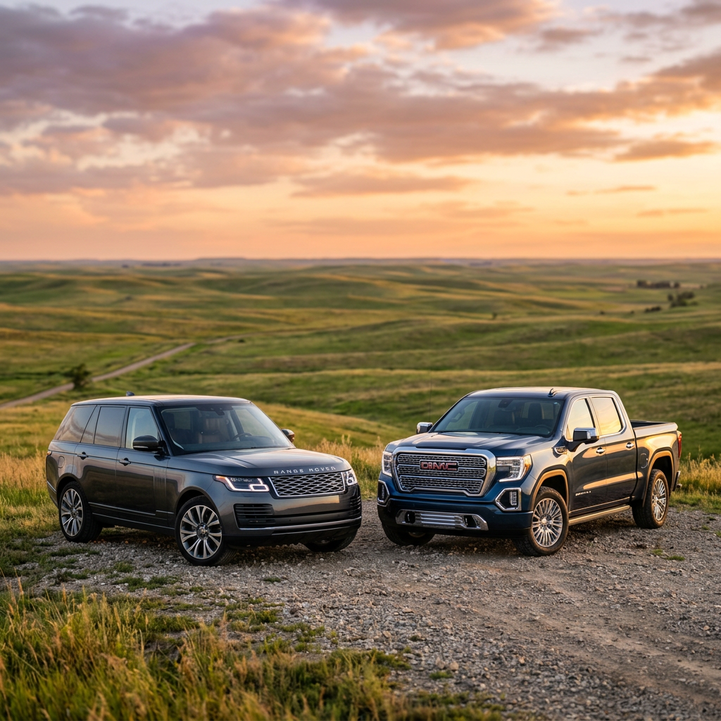 A dark grey Range Rover SUV and a blue GMC Sierra pickup truck parked on a dirt path in rolling green hills at sunset. (Representative image for illustration purposes only. Actual vehicle may vary based on trim and configuration.)