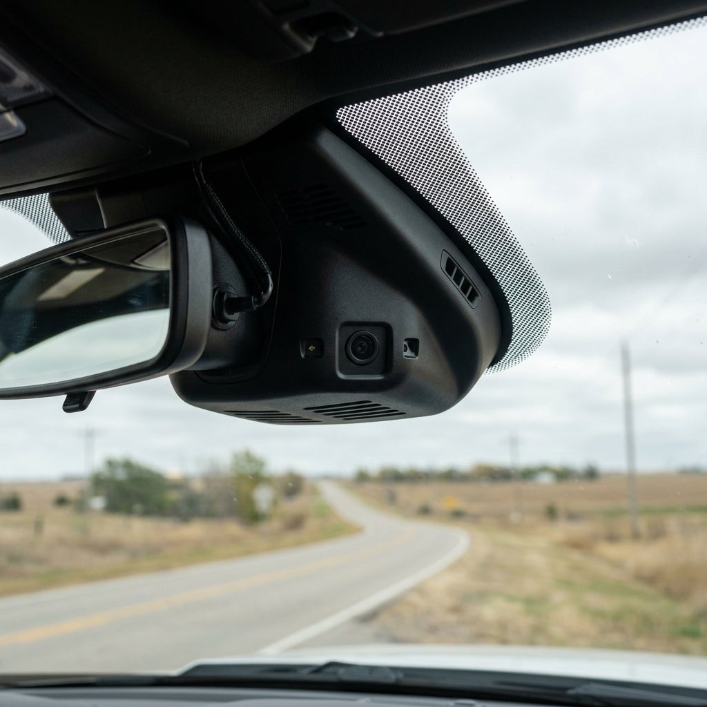 A dash camera mounted behind a car's rearview mirror, looking out at a winding rural road under overcast skies. (Representative image for illustration purposes only. Actual vehicle may vary based on trim and configuration.)