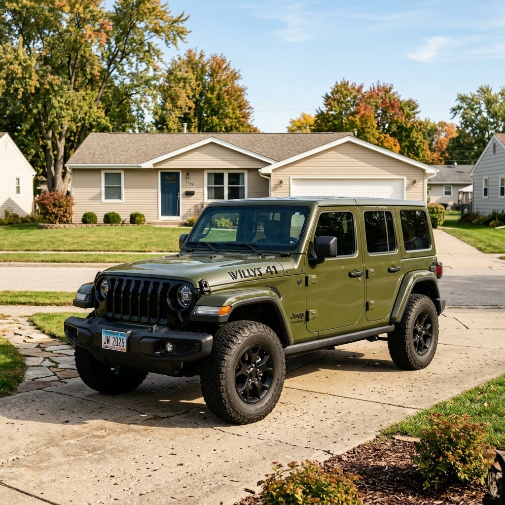 An olive green Jeep Wrangler Willys parked on a concrete driveway in a suburban neighborhood. (Representative image for illustration purposes only. Actual vehicle may vary based on trim and configuration.)