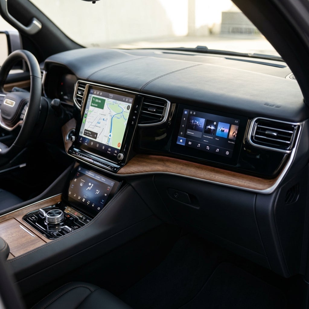 Modern vehicle interior featuring a leather dashboard, wood trim, central navigation screen, and passenger display. (Representative image for illustration purposes only. Actual vehicle may vary based on trim and configuration.)