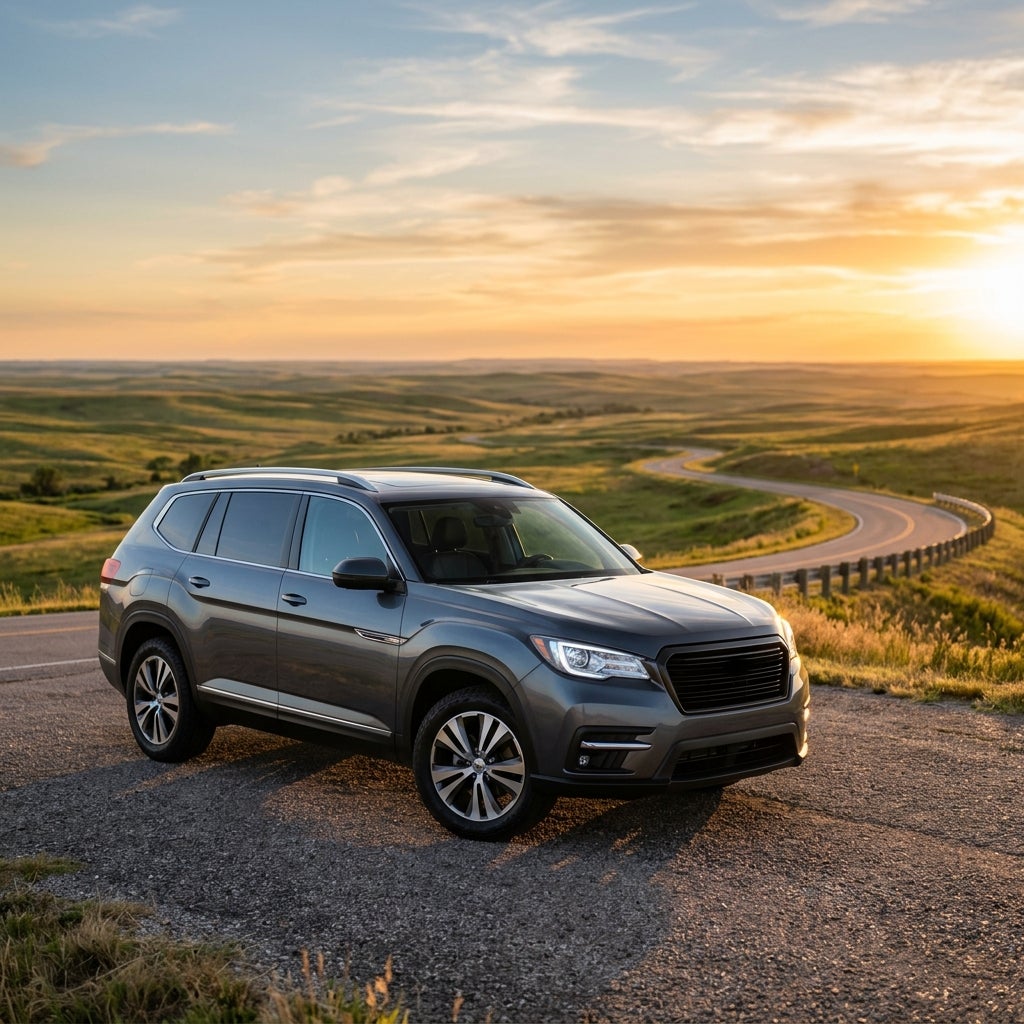 Grey SUV parked on a roadside overlooking rolling green hills during a sunset road trip. (Representative image for illustration purposes only. Actual vehicle may vary based on trim and configuration.)