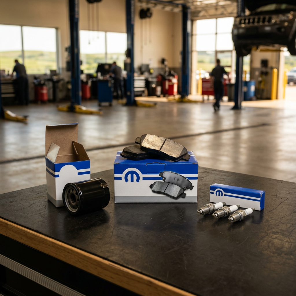 Genuine Mopar parts including brake pads, oil filter, and spark plugs displayed on a workbench in an auto service bay. (Representative image for illustration purposes only. Actual vehicle may vary based on trim and configuration.)