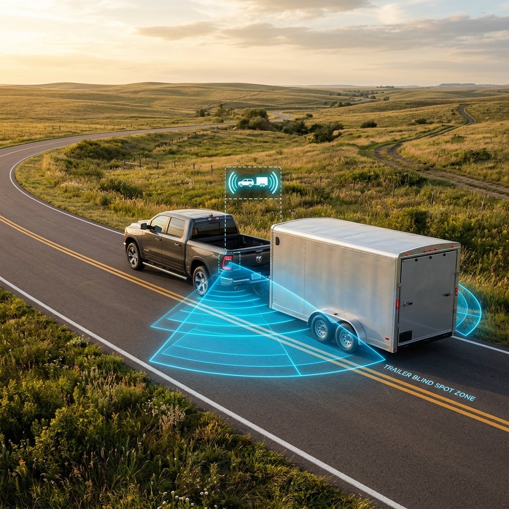 Pickup truck towing a silver trailer on a road, showing a graphic overlay of a trailer blind spot detection system. (Representative image for illustration purposes only. Actual vehicle may vary based on trim and configuration.)
