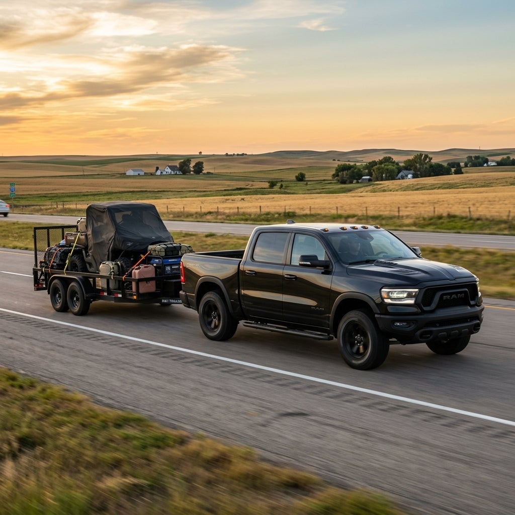 A black Ram pickup truck towing a utility trailer loaded with a covered UTV along a rural highway at sunset. (Representative image for illustration purposes only. Actual vehicle may vary based on trim and configuration.)