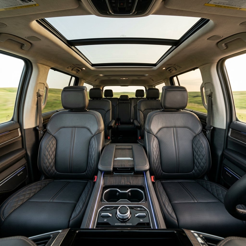 Interior view of a luxury SUV featuring black leather seats, a large panoramic sunroof, and a detailed center console. (Representative image for illustration purposes only. Actual vehicle may vary based on trim and configuration.)