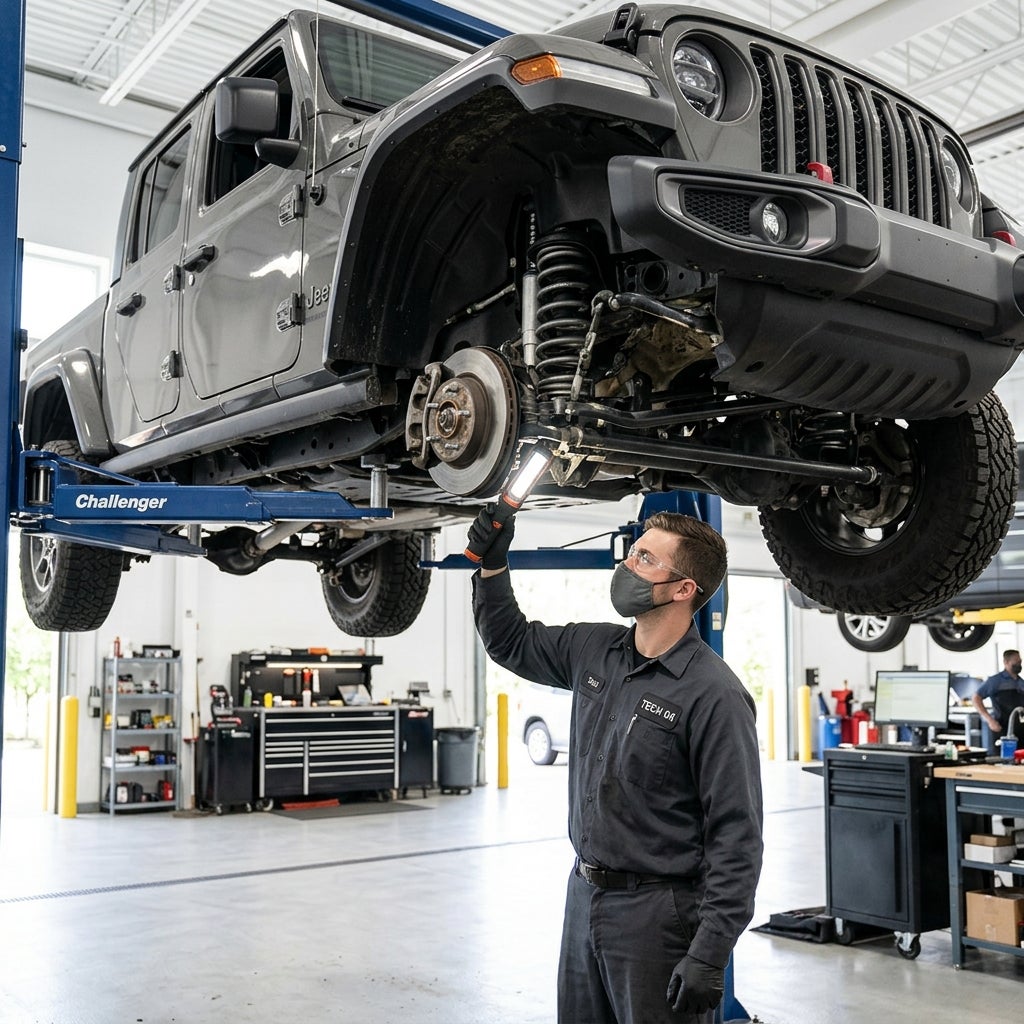 Mechanic holding an inspection light under a raised Jeep truck on a hydraulic lift inside an auto repair shop. (Representative image for illustration purposes only. Actual vehicle may vary based on trim and configuration.)