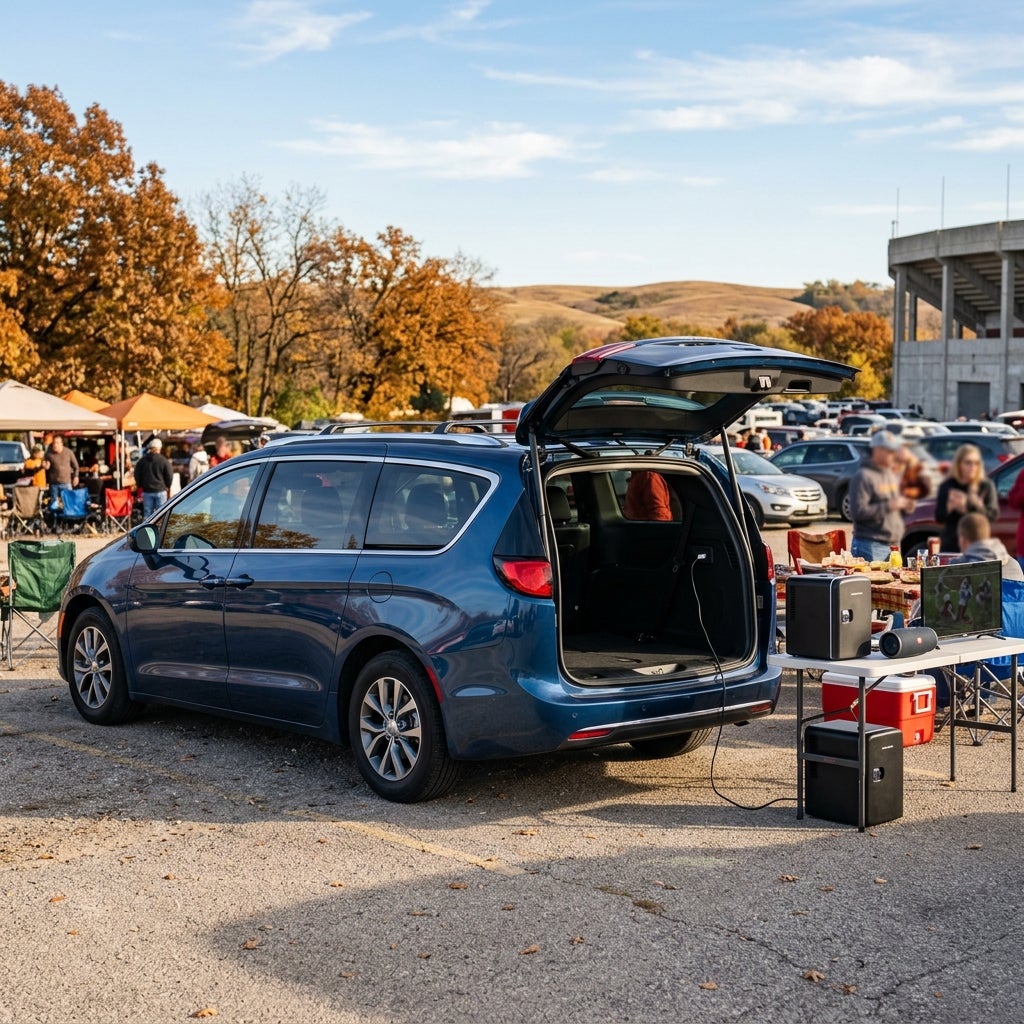 A blue minivan with an open trunk powering a TV, mini fridge, and speaker on a folding table at a tailgating event. (Representative image for illustration purposes only. Actual vehicle may vary based on trim and configuration.)