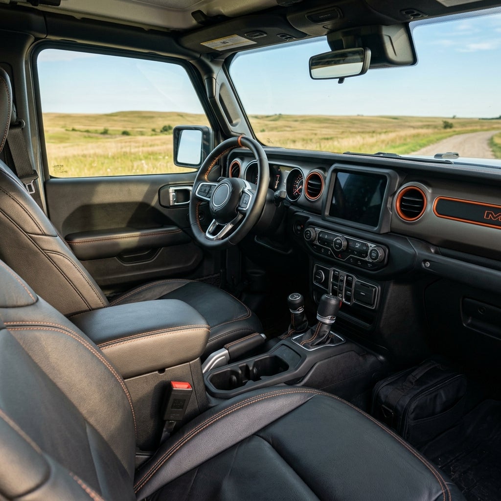 Interior view of a modern SUV featuring black leather seats with orange stitching looking out at a grassy landscape. (Representative image for illustration purposes only. Actual vehicle may vary based on trim and configuration.)