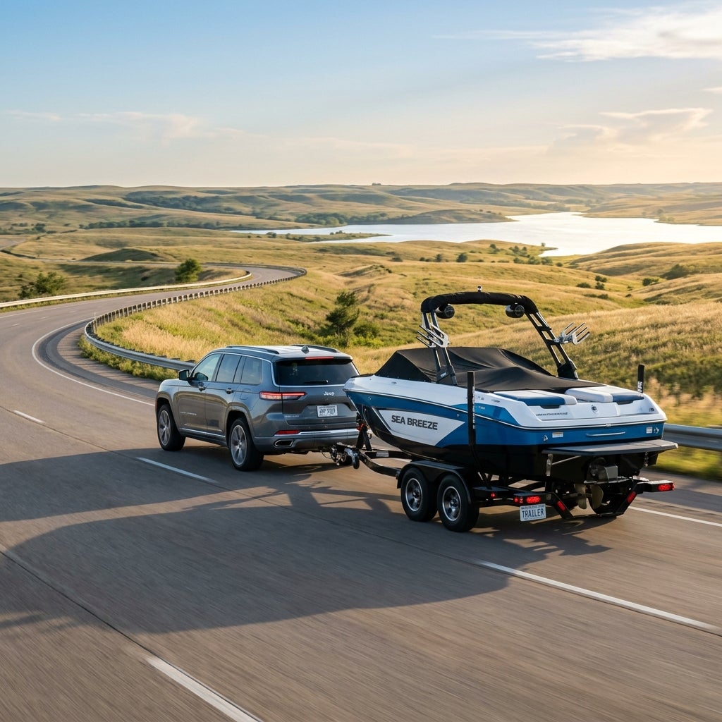 Grey SUV towing a blue and white boat on a trailer along a winding road past grassy hills and a lake. (Representative image for illustration purposes only. Actual vehicle may vary based on trim and configuration.)