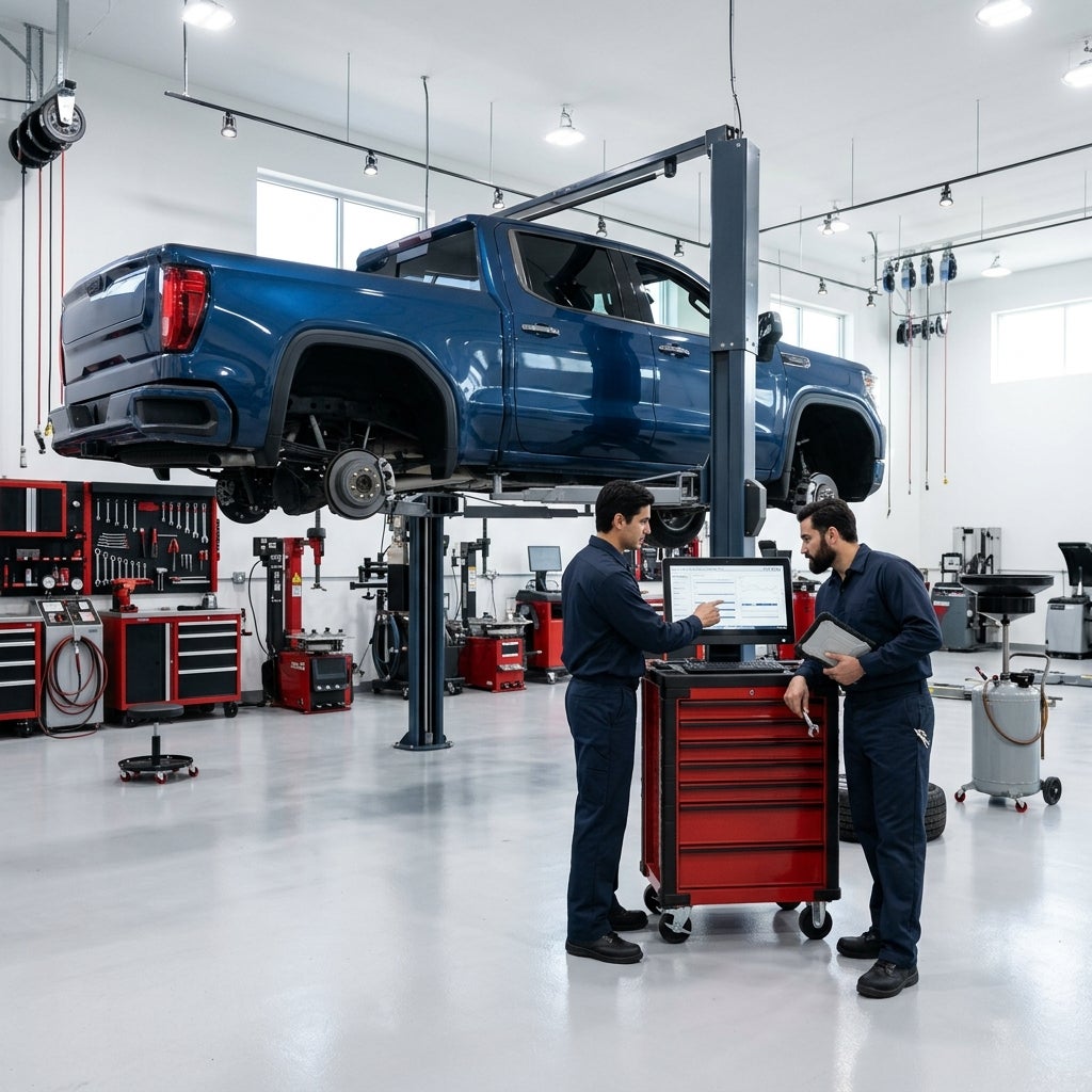 Two mechanics in dark uniforms looking at a computer screen on a red tool cart below an elevated blue pickup truck. (Representative image for illustration purposes only. Actual vehicle may vary based on trim and configuration.)