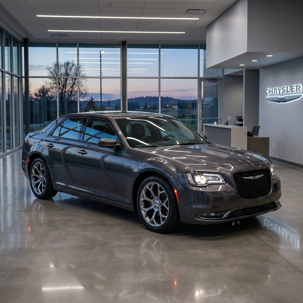 Dark grey Chrysler 300 sedan parked on a polished floor inside a modern Chrysler dealership showroom at dusk. (Representative image for illustration purposes only. Actual vehicle may vary based on trim and configuration.)