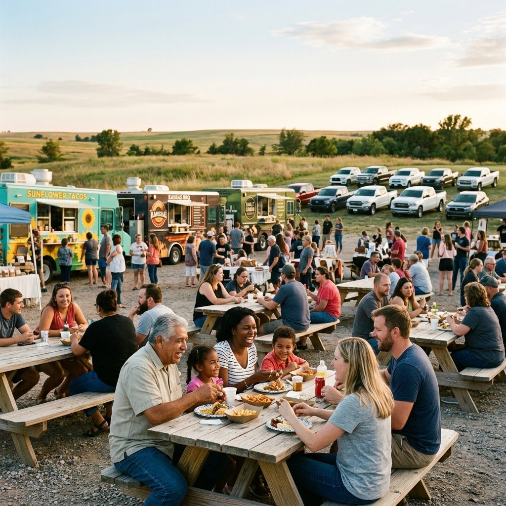 People sitting at picnic tables enjoying food from colorful food trucks parked in a rural field. (Representative image for illustration purposes only. Actual vehicle may vary based on trim and configuration.)