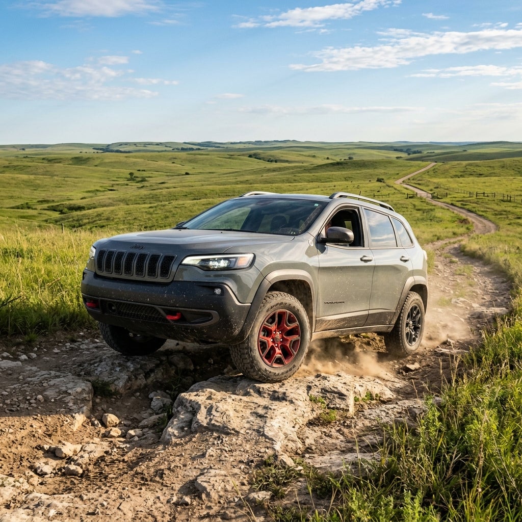 Grey Jeep Cherokee Trailhawk driving over rocks on a dirt path through rolling green hills. (Representative image for illustration purposes only. Actual vehicle may vary based on trim and configuration.)