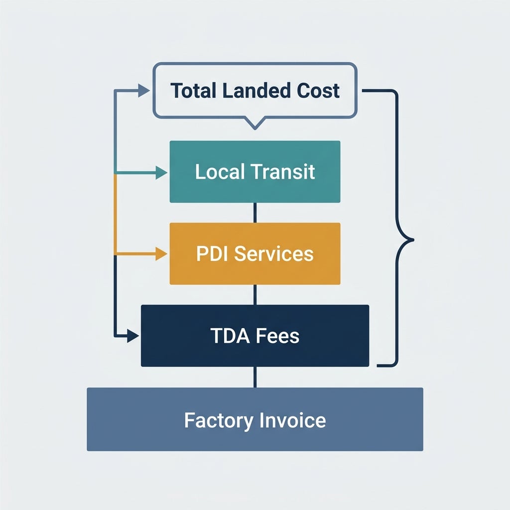 Diagram showing elements of Total Landed Cost including Local Transit, PDI Services, TDA Fees, and Factory Invoice. (Representative image for illustration purposes only. Actual vehicle may vary based on trim and configuration.)