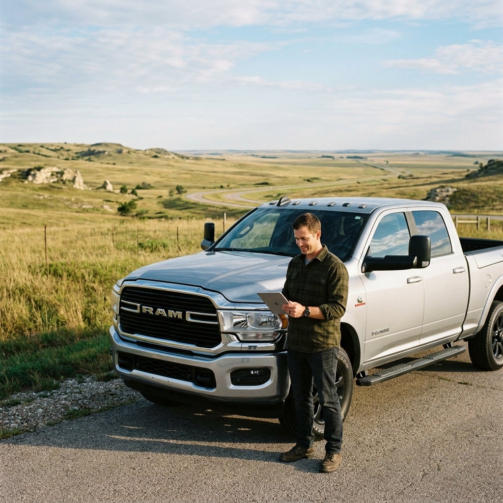 Man standing next to a silver Ram pickup truck in a rural countryside landscape using a tablet computer. (Representative image for illustration purposes only. Actual vehicle may vary based on trim and configuration.)