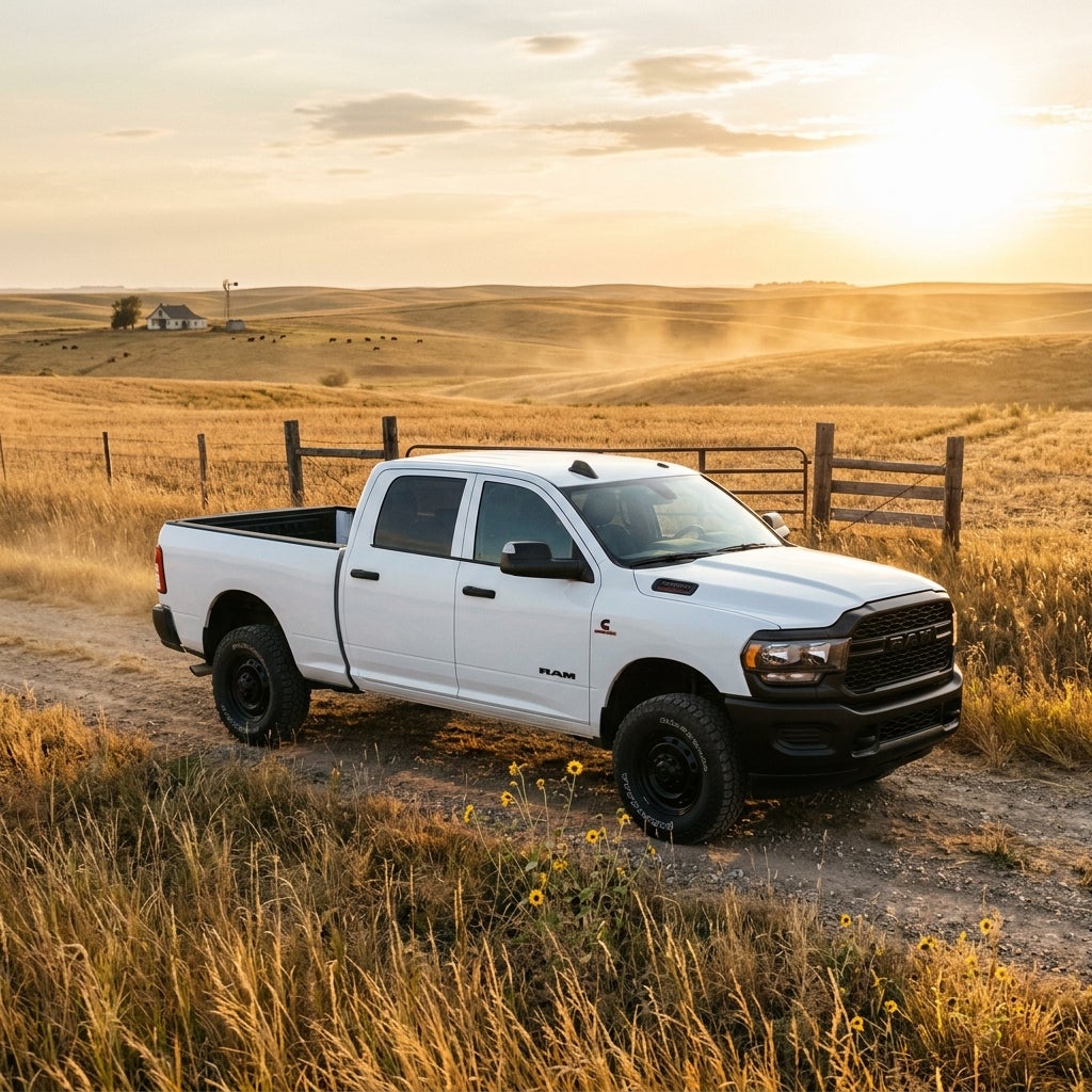 White RAM pickup truck parked on a dirt trail in a rural field during a golden hour sunset. (Representative image for illustration purposes only. Actual vehicle may vary based on trim and configuration.)