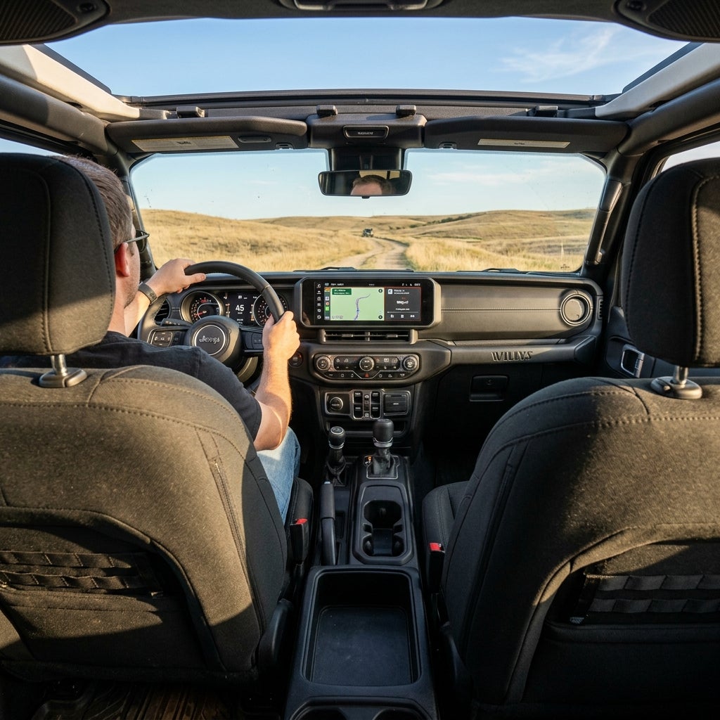 Man driving a Jeep Willys along a dirt road through grassy hills viewed from the back seat looking forward. (Representative image for illustration purposes only. Actual vehicle may vary based on trim and configuration.)