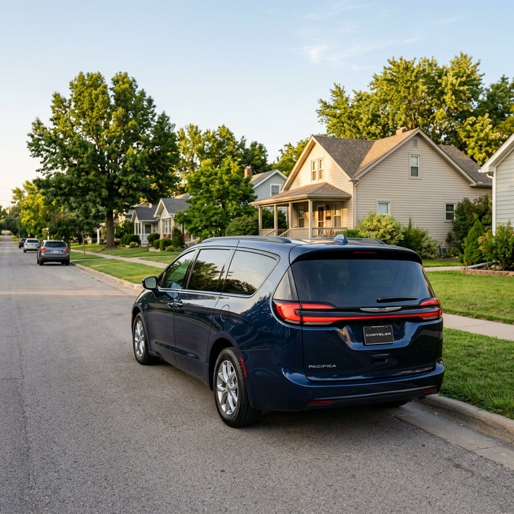 Dark blue Chrysler Pacifica minivan parked along a curb in a sunny residential neighborhood. (Representative image for illustration purposes only. Actual vehicle may vary based on trim and configuration.)