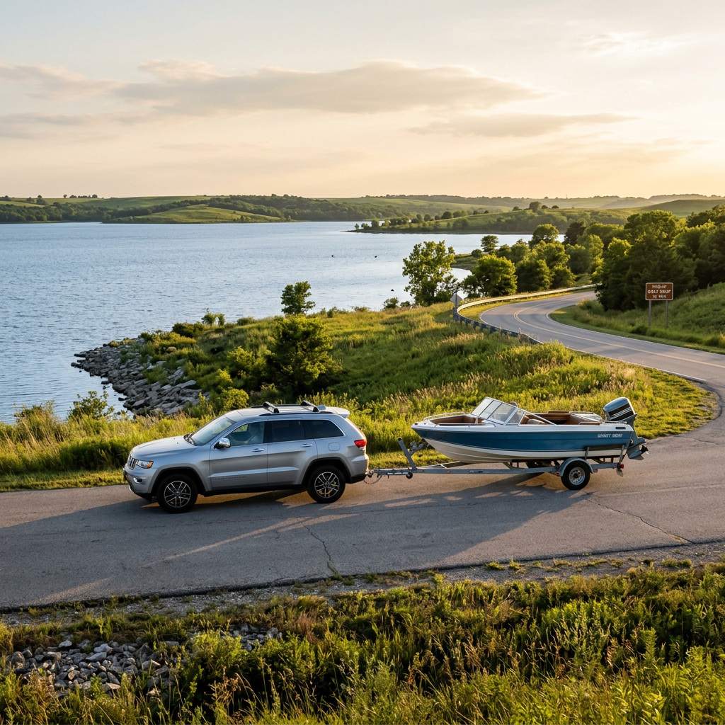 A silver SUV towing a blue and white motorboat on a scenic road alongside a large lake at sunset. (Representative image for illustration purposes only. Actual vehicle may vary based on trim and configuration.)