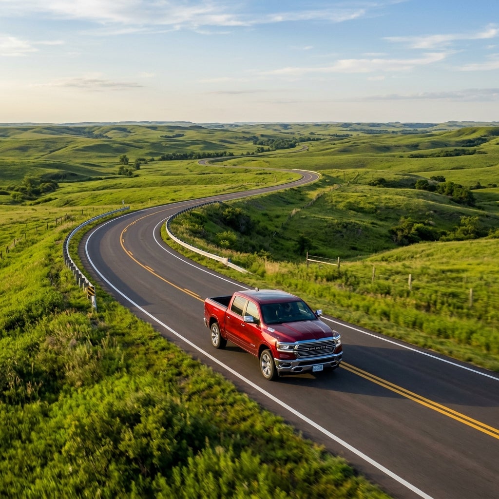 A red pickup truck drives along a winding asphalt road through rolling green hills. (Representative image for illustration purposes only. Actual vehicle may vary based on trim and configuration.)