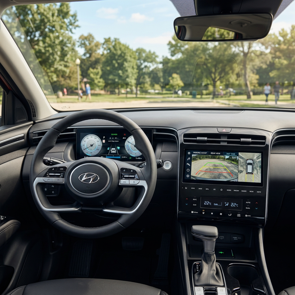 Modern interior of a Hyundai SUV featuring digital displays and a 360-degree backup camera. (Representative image for illustration purposes only. Actual vehicle may vary based on trim and configuration.)