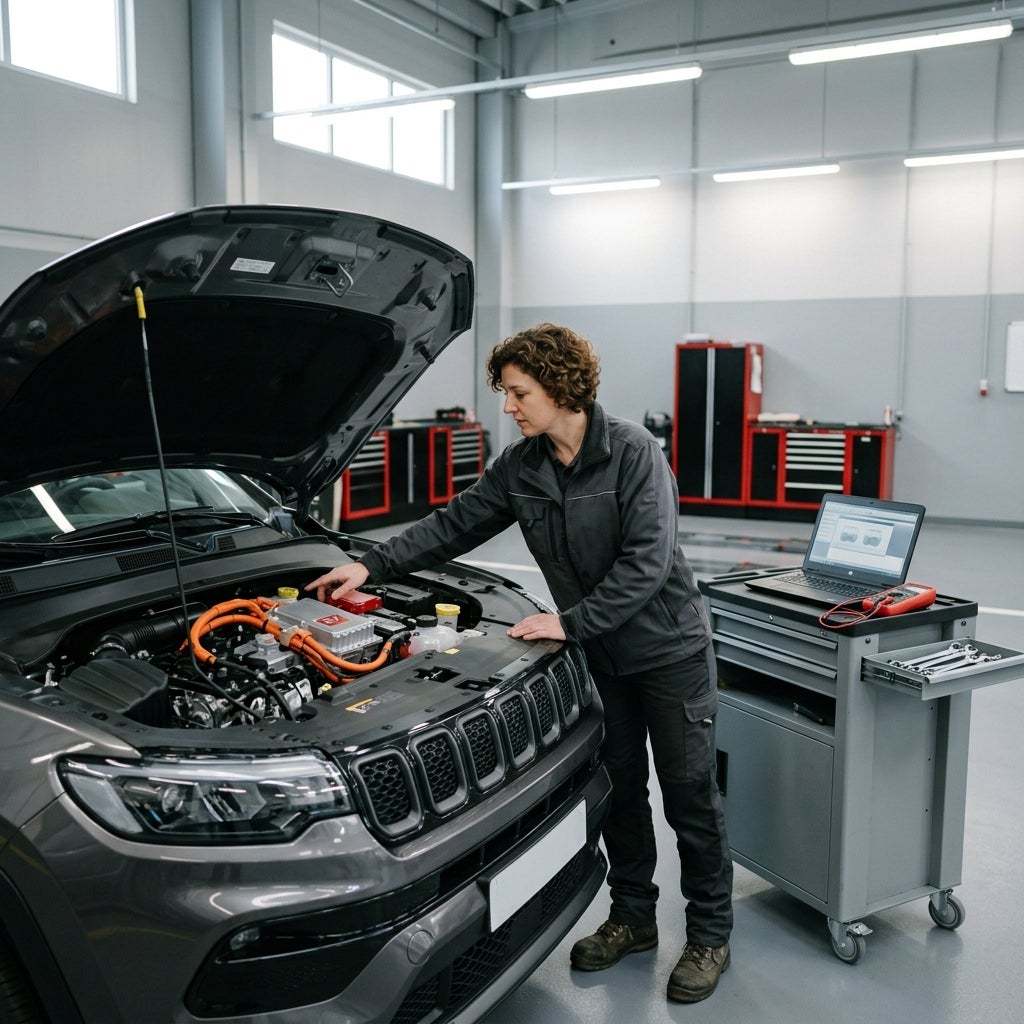 A female mechanic inspecting the high-voltage engine bay of a hybrid SUV in a modern auto repair shop. (Representative image for illustration purposes only. Actual vehicle may vary based on trim and configuration.)