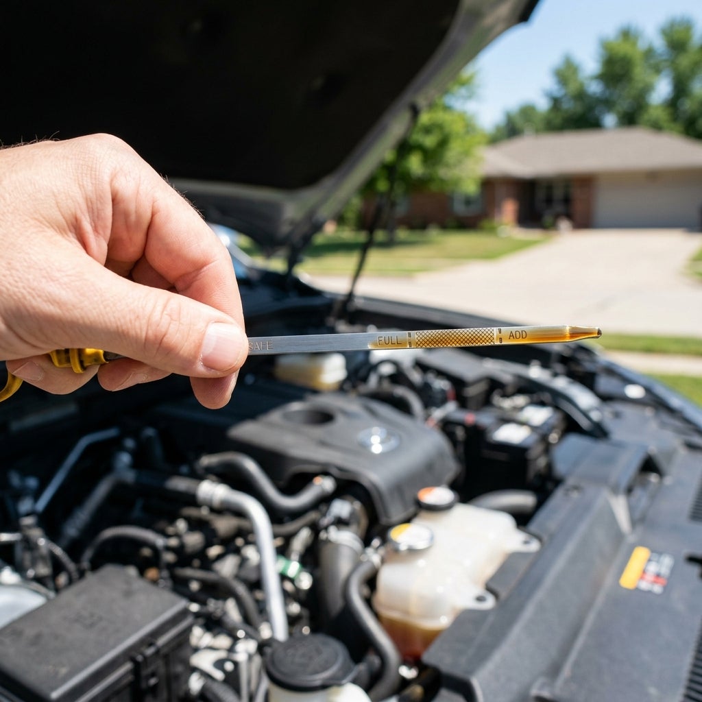 Close-up of a hand holding an engine oil dipstick showing a full level, with a car engine in the background. (Representative image for illustration purposes only. Actual vehicle may vary based on trim and configuration.)