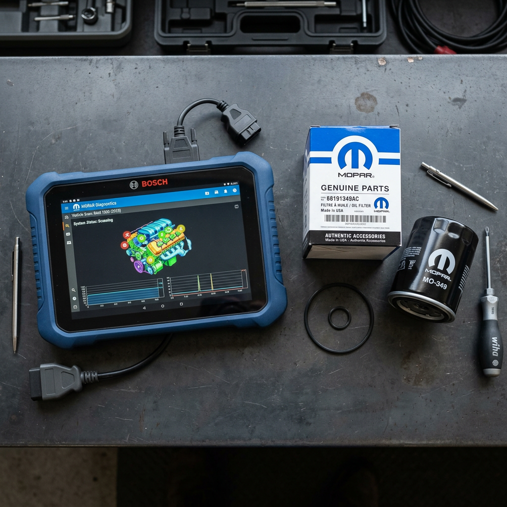 A diagnostic tablet displaying a 3D engine model next to a Mopar oil filter and box on a metal workbench. (Representative image for illustration purposes only. Actual vehicle may vary based on trim and configuration.)