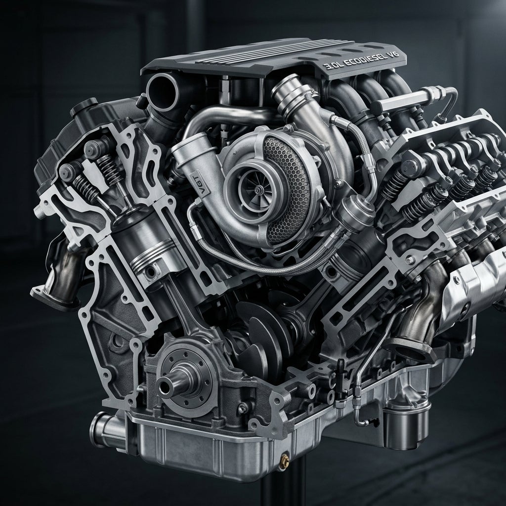 Cutaway diagram of a 3.0L EcoDiesel V6 engine showing pistons, valves, crankshaft, and a VGT turbocharger. (Representative image for illustration purposes only. Actual vehicle may vary based on trim and configuration.)