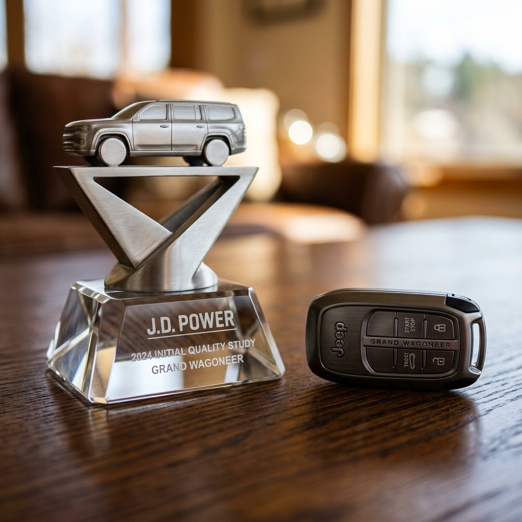 J.D. Power 2024 Initial Quality Study award trophy next to a Jeep Grand Wagoneer key fob on a wooden table. (Representative image for illustration purposes only. Actual vehicle may vary based on trim and configuration.)