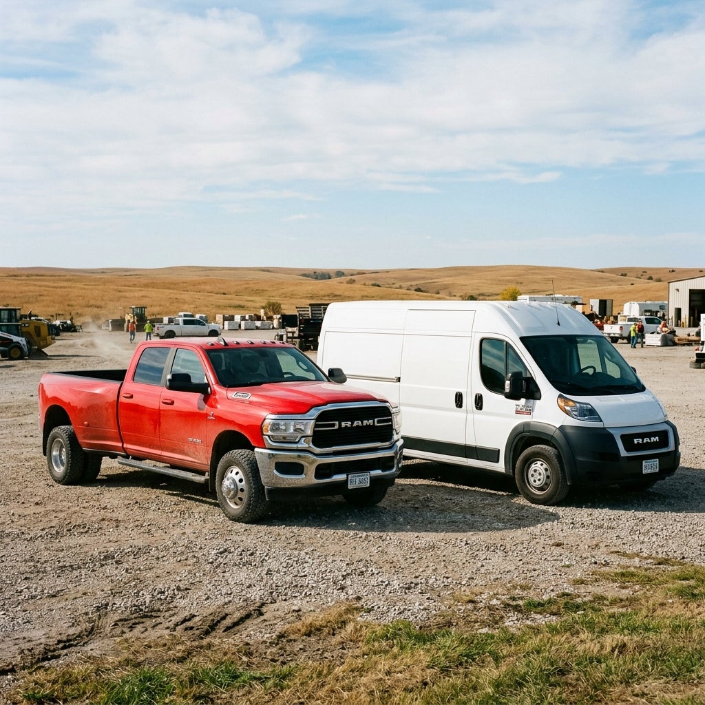 Red Ram heavy-duty pickup truck parked next to a white Ram ProMaster cargo van on a gravel lot. (Representative image for illustration purposes only. Actual vehicle may vary based on trim and configuration.)