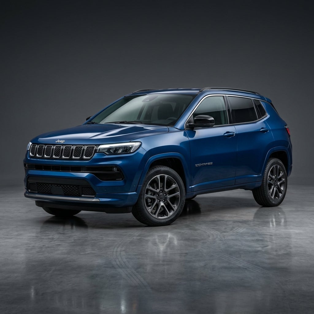 Metallic blue Jeep Compass SUV showcased in a studio against a dark grey background (Representative image for illustration purposes only. Actual vehicle may vary based on trim and configuration.)