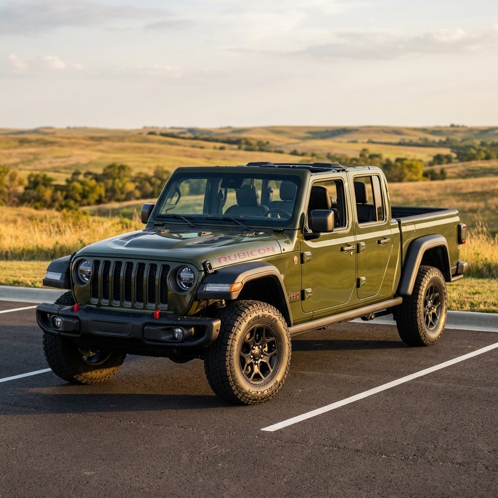 Olive green Jeep Gladiator Rubicon pickup truck parked in a paved lot with rolling hills in the background. (Representative image for illustration purposes only. Actual vehicle may vary based on trim and configuration.)