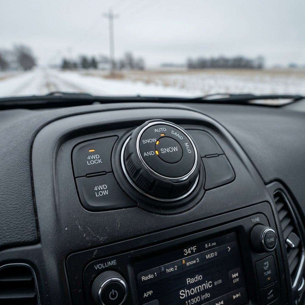 Car interior dashboard featuring a 4WD rotary selector dial set to Snow mode with a snowy road out the windshield. (Representative image for illustration purposes only. Actual vehicle may vary based on trim and configuration.)