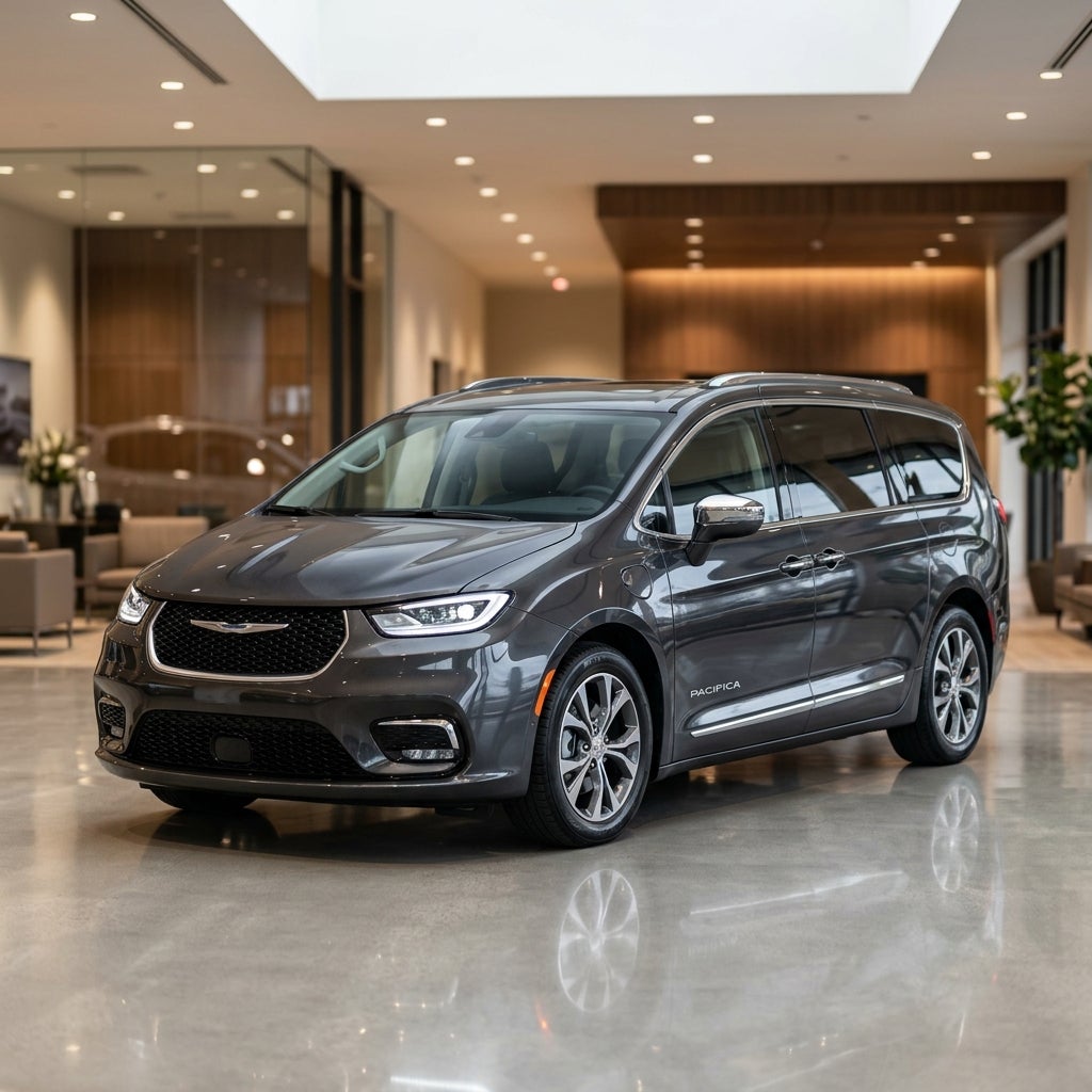 Dark grey Chrysler Pacifica minivan parked on a reflective polished floor inside a modern luxury showroom. (Representative image for illustration purposes only. Actual vehicle may vary based on trim and configuration.)
