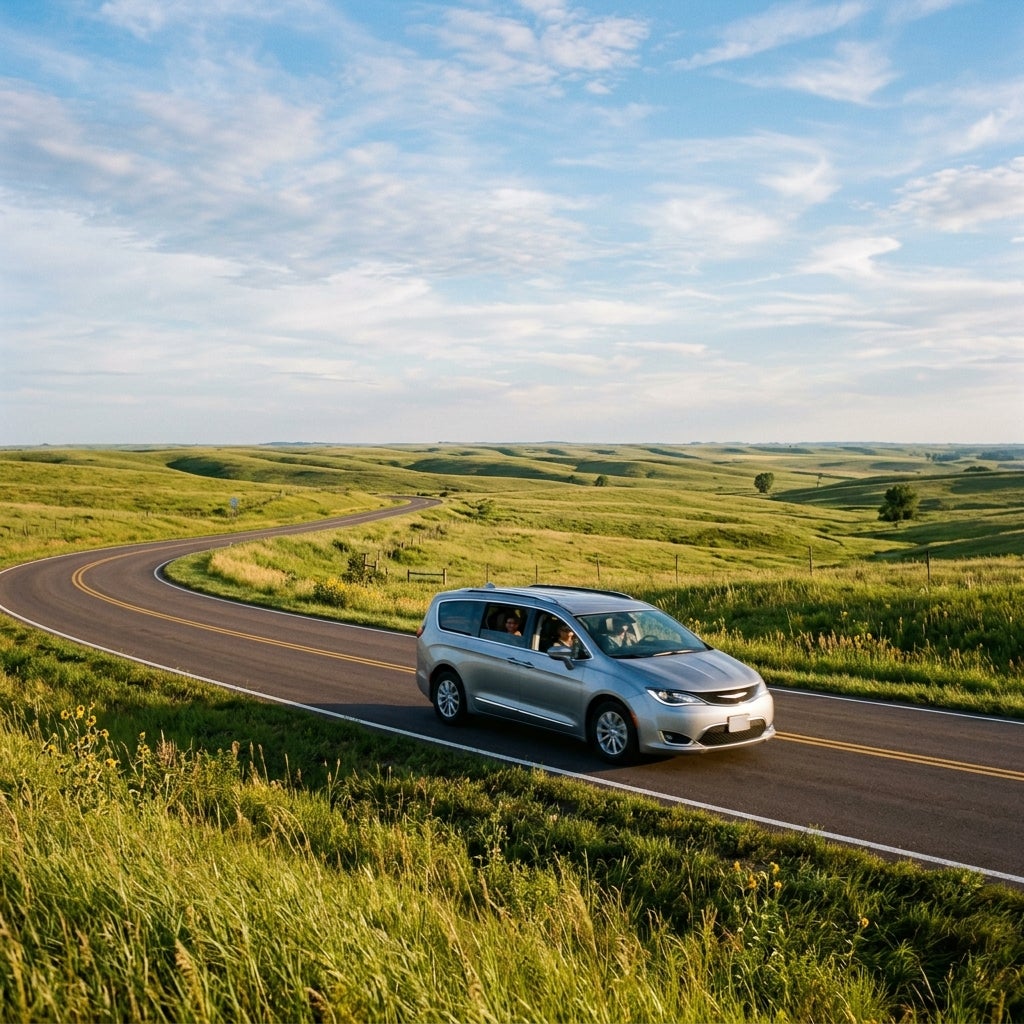 Silver minivan driving along a winding asphalt road through rolling green countryside under a partly cloudy sky. (Representative image for illustration purposes only. Actual vehicle may vary based on trim and configuration.)