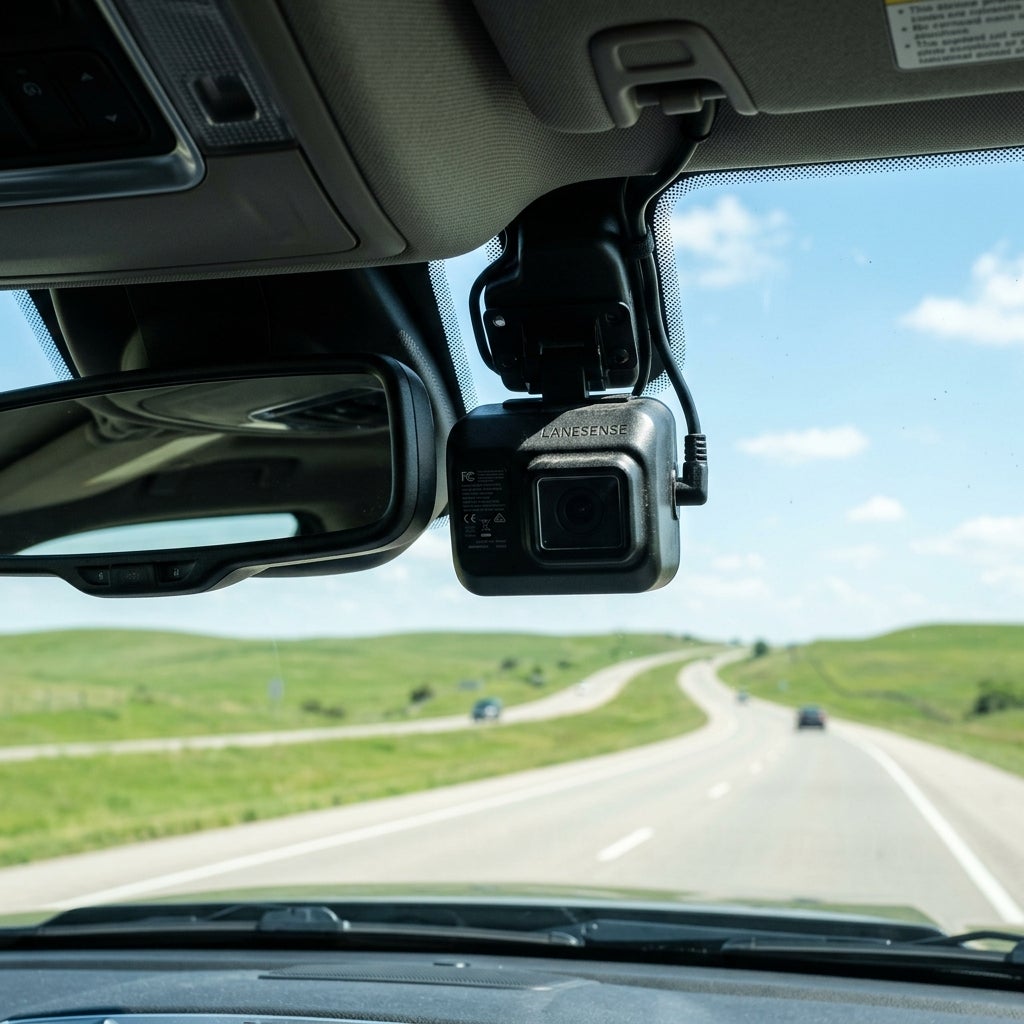 A black Lanesense dashcam mounted next to a rearview mirror, capturing a highway through green hills. (Representative image for illustration purposes only. Actual vehicle may vary based on trim and configuration.)