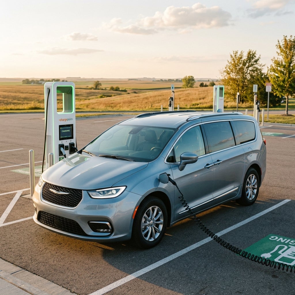 Silver Chrysler Pacifica Plug-in Hybrid minivan charging at a ChargePoint EV station in a sunny parking lot. (Representative image for illustration purposes only. Actual vehicle may vary based on trim and configuration.)
