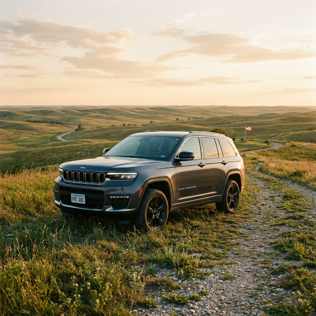 A dark gray Jeep Grand Cherokee parked on a grassy dirt trail overlooking rolling green hills at sunset. (Representative image for illustration purposes only. Actual vehicle may vary based on trim and configuration.)